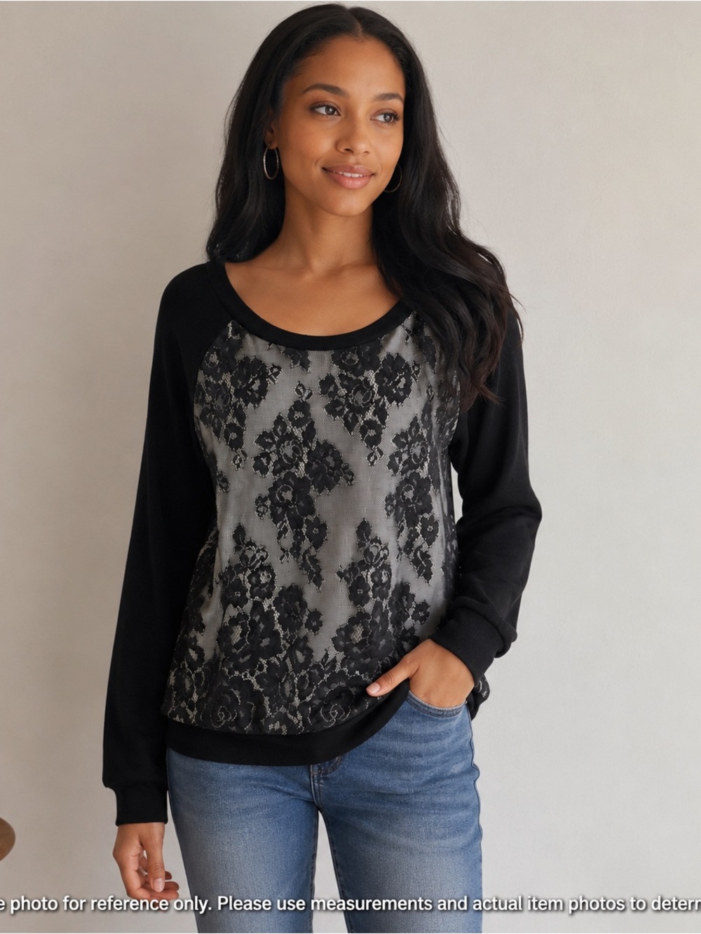 Karen Kane Black Lace Front Sweatshirt Womens Large Raglan Knit Made USA Top